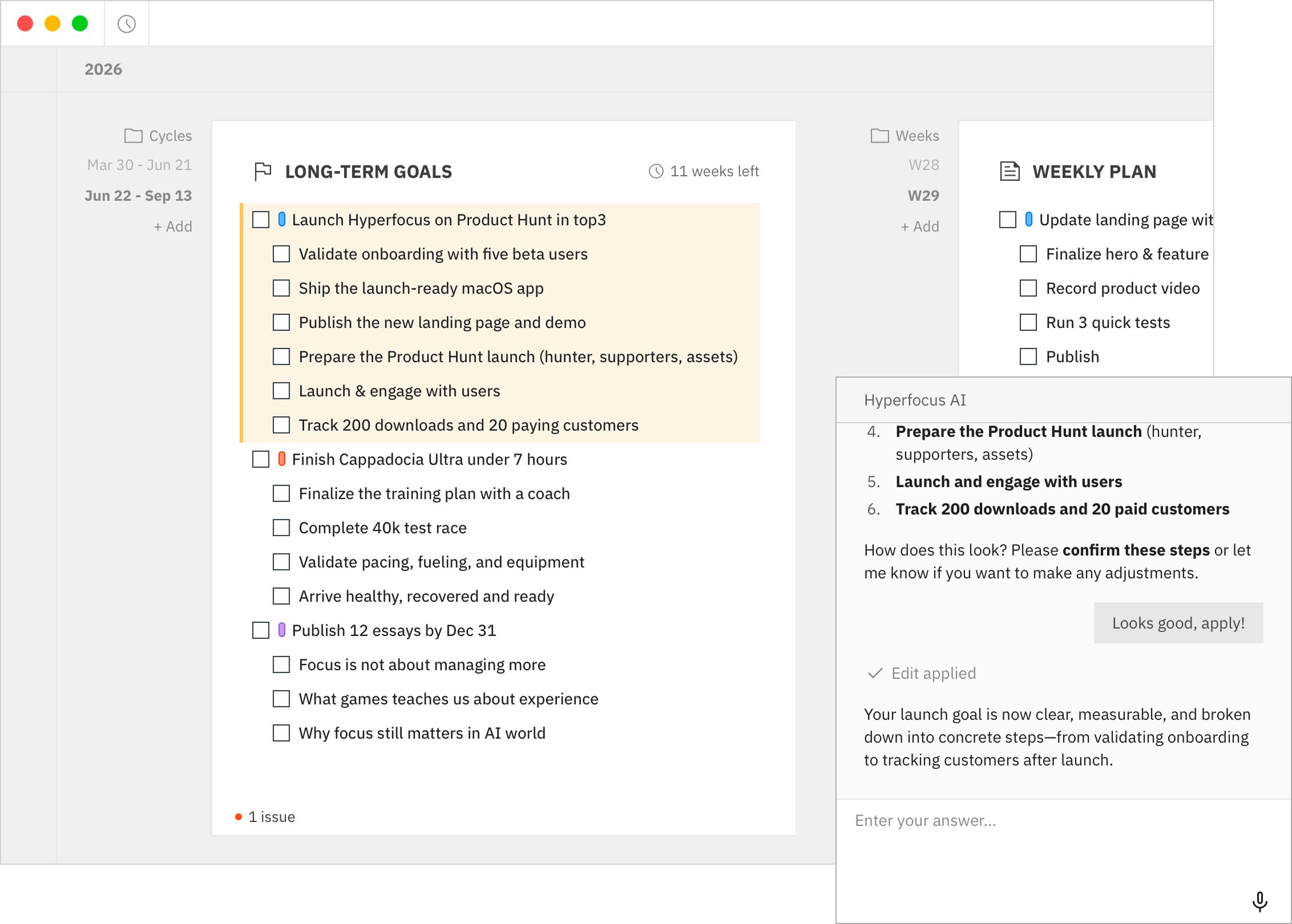 Hyperfocus planning board showing Long-term and Weekly cycles